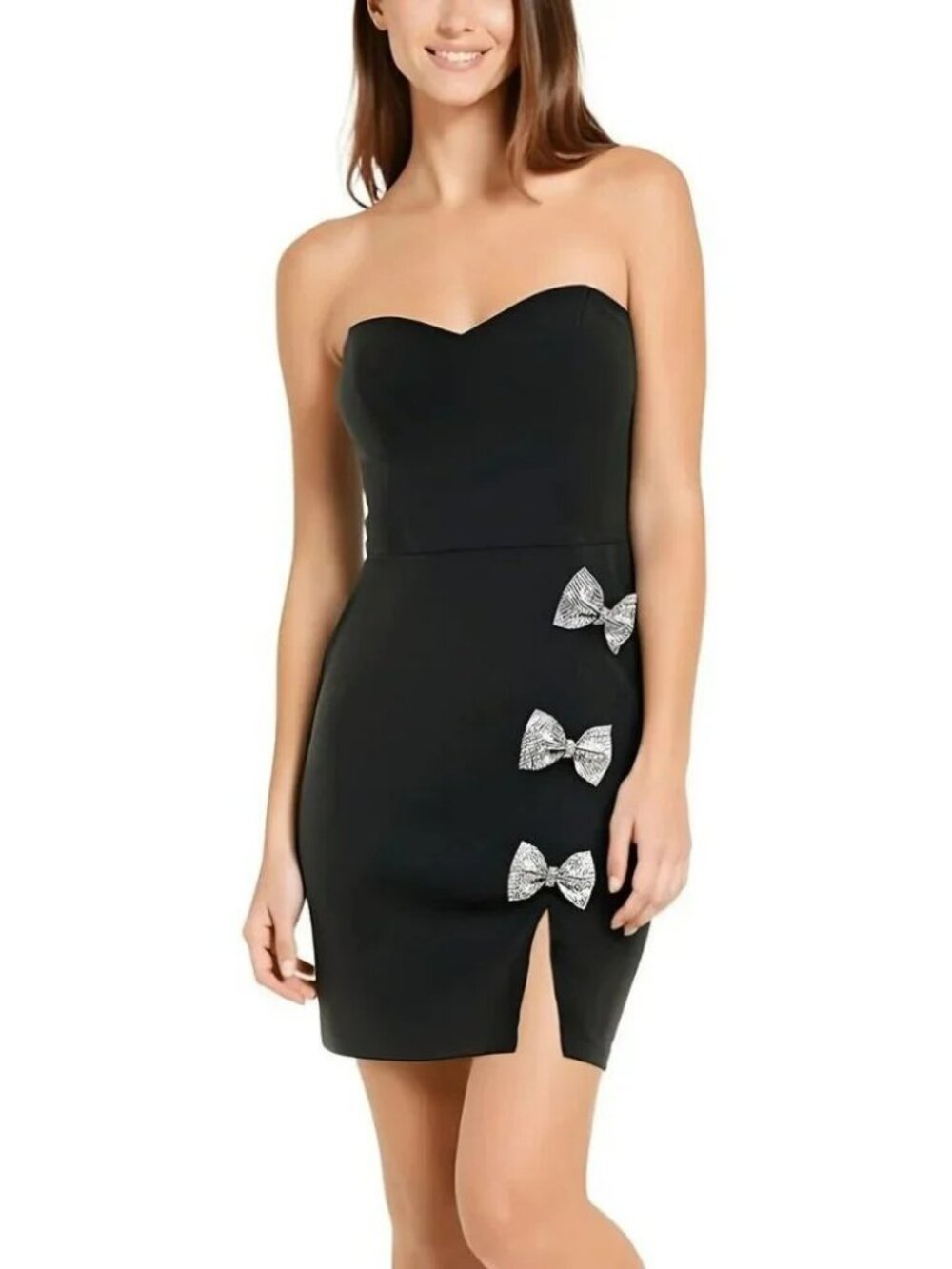 Black Strapless Rhinestone Bow Mini Dress